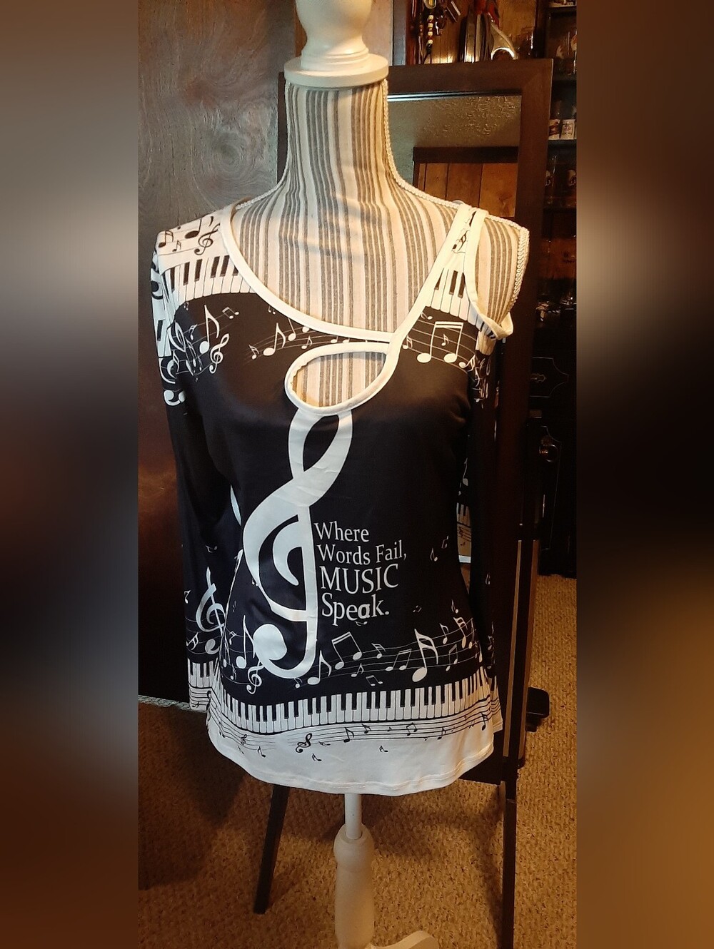 Music-Themed Black & White Cold-Shoulder Women's Top